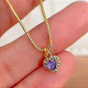 COLAR CORAÇÃO ZIRCÔNIA VERMELHA FOLHEADO A OURO 18K SEMIJOIA⭐