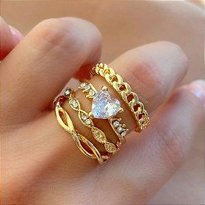 ANEL KIT CORAÇÕES E ZIRCÔNIAS DOURADO