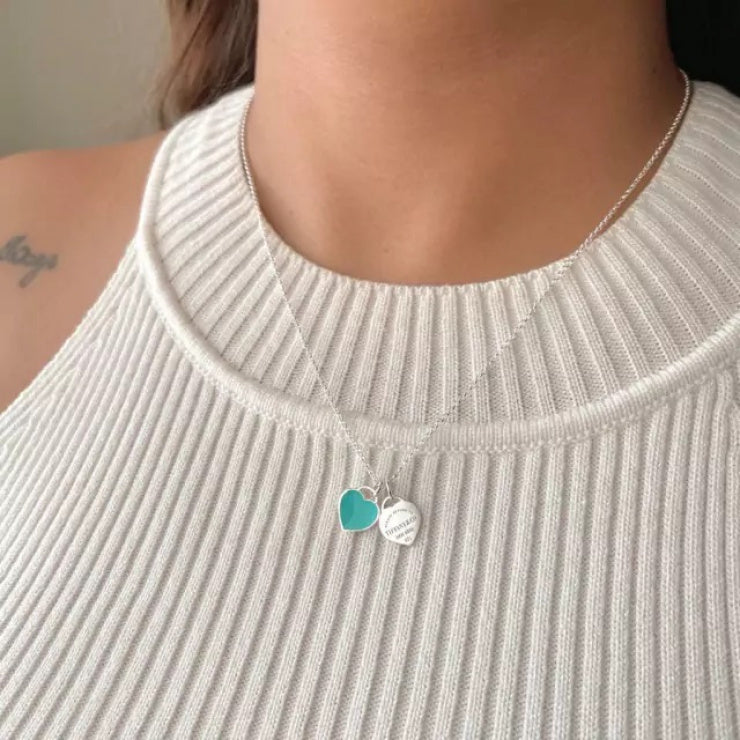 Colar Coração Duplo Azul - Prata 925