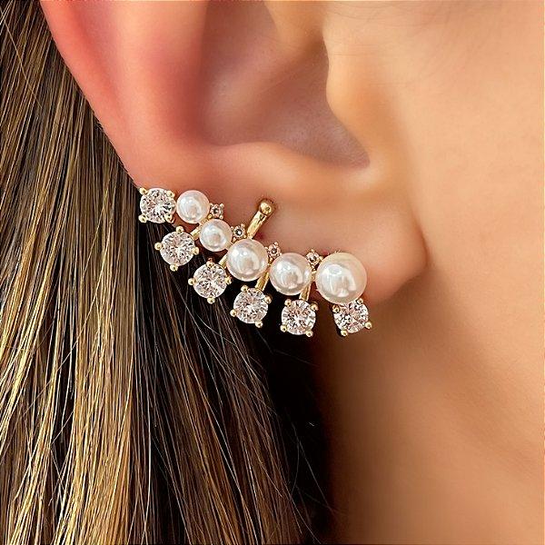 BRINCO EAR CUFF BOLINHAS ZIRCÔNIAS E PÉROLAS DOURADO BIJU