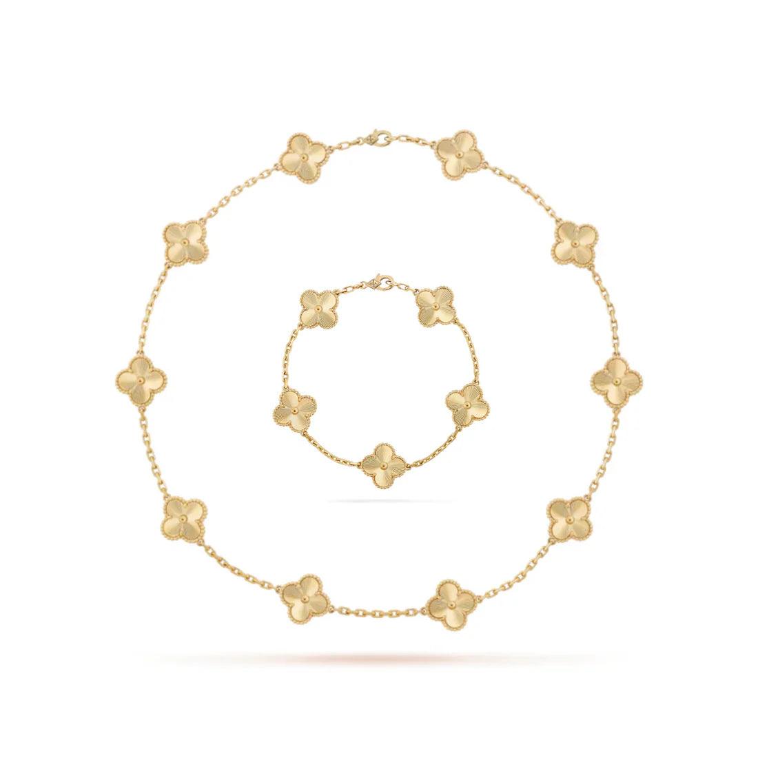 Conjunto Colar 10 Trevos e Pulseira Dourado